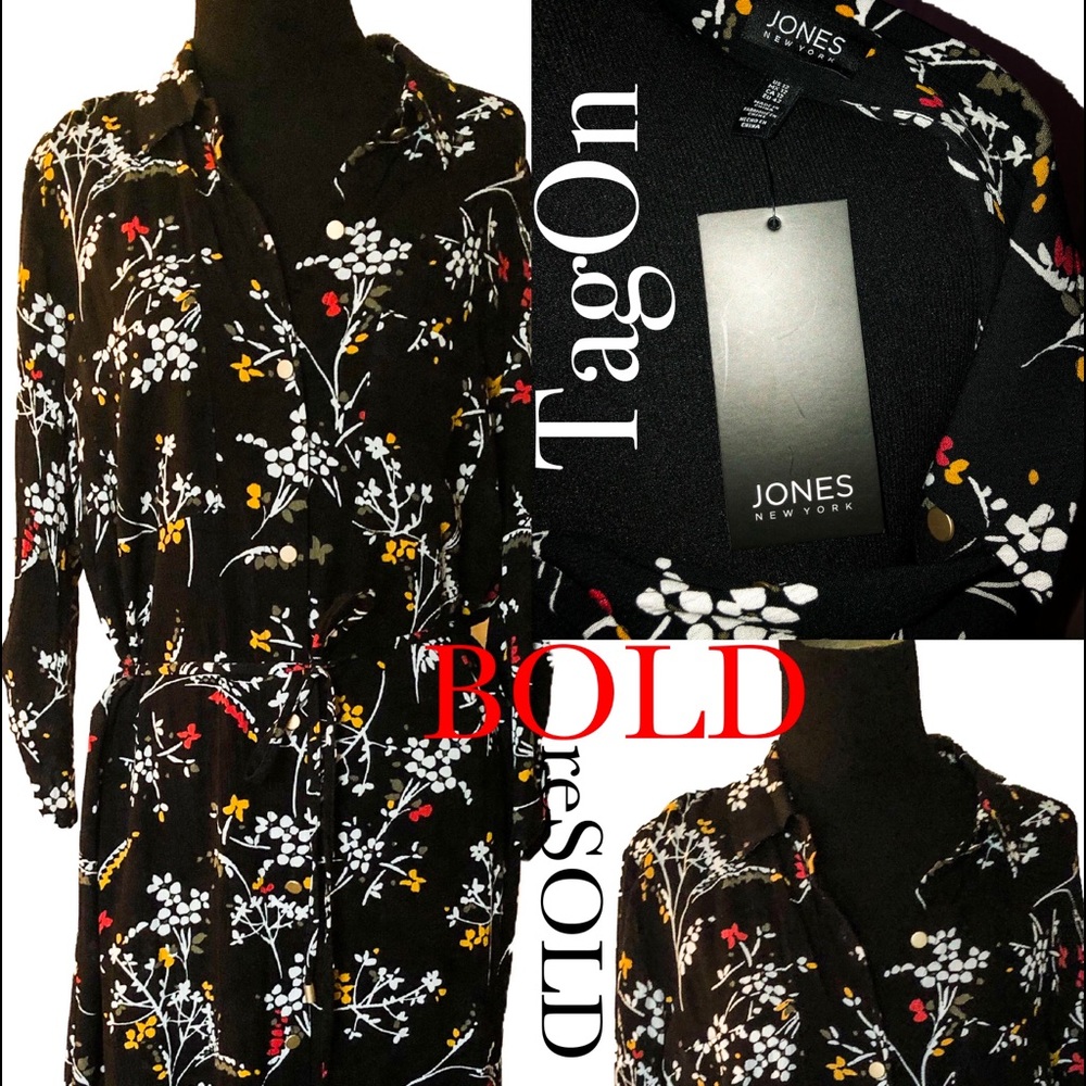 Jones NY Flowers on Black Button down Dress